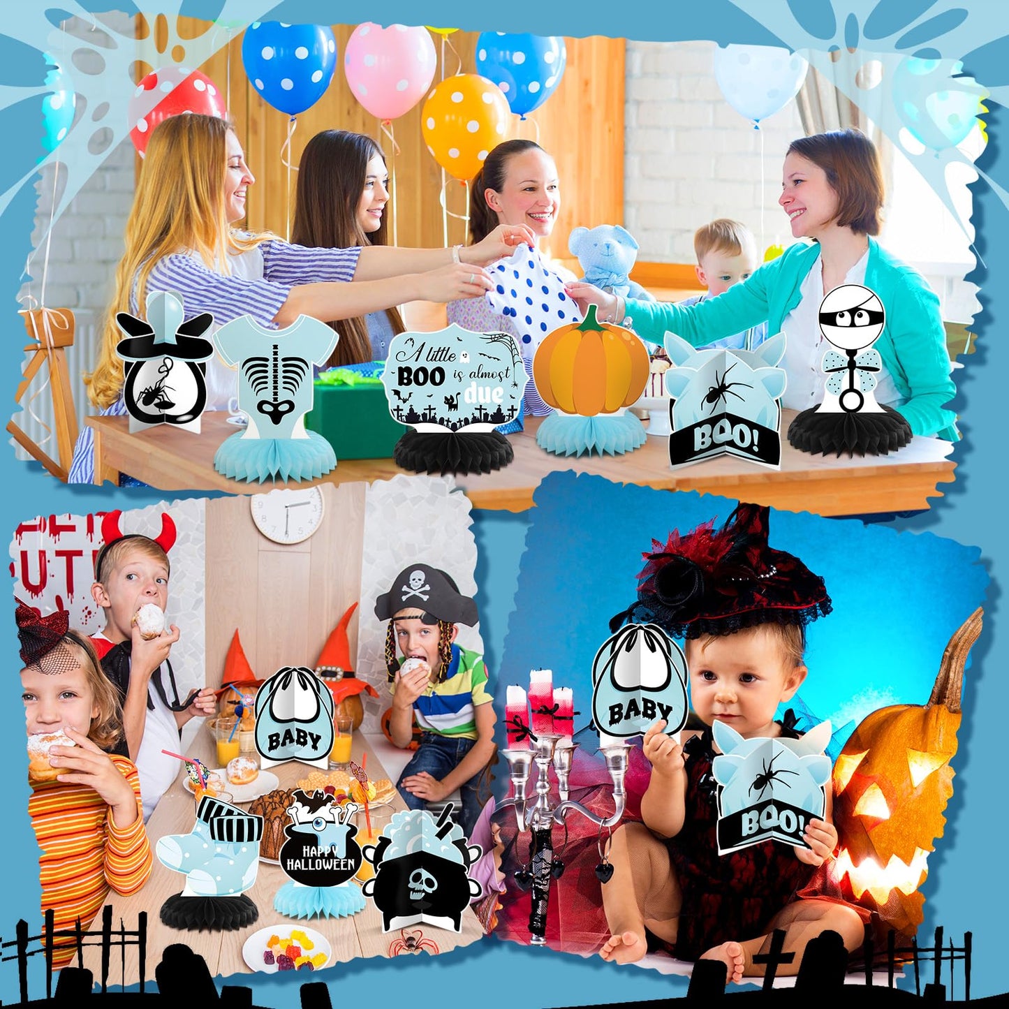 Moinchore 12 Pcs Blue Halloween Baby Shower Decorations a Little Boo Is Almost Due Honeycomb Centerpieces Bat Ghost Skull Halloween Baby Shower Table Decoration Table Topper for Party Favors