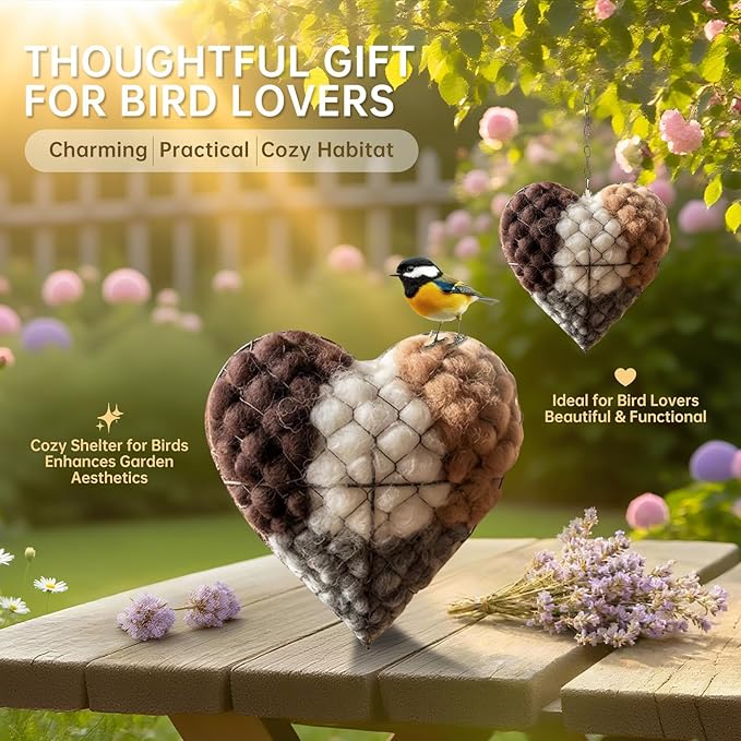 Handmade Alpaca Fiber Bird Nesting Heart with 2 Refill Bags, Reusable Nesting Material Accessory for Wild Birds, Outdoor Garden Decoration, Gift for Bird & Nature Lovers (1 Sets)
