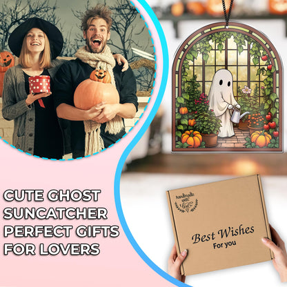 2 Cute Halloween Decoration Suncatchers, 6" Spooky Cute Ghost Plant Window Hangings, Ghost with Black Cat Greenhouse, Pumpkin Ornaments Home Garden, Gifts for Mom, Plant Lovers, Women, Girl SS358