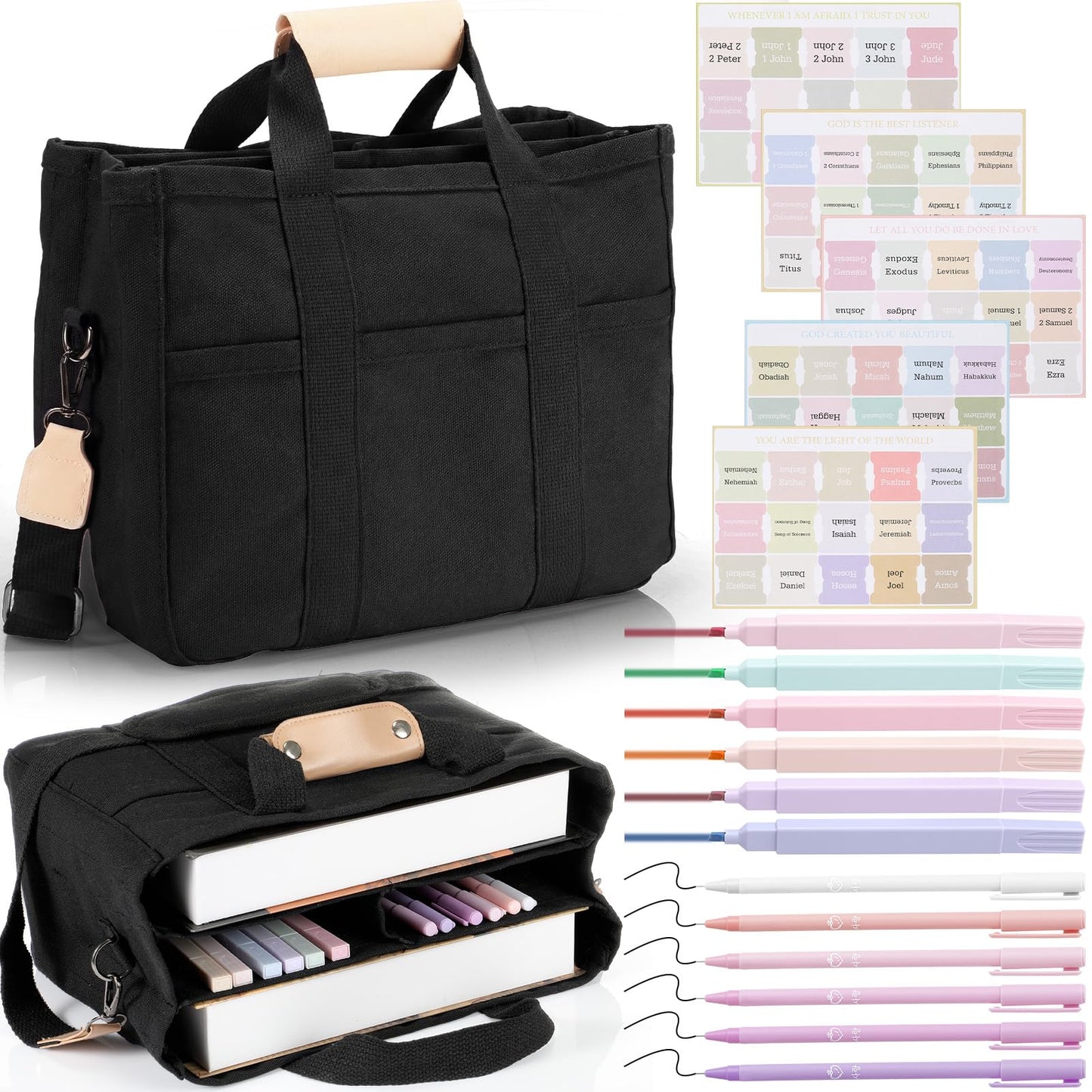 Fullhawl Bible Tote Bag Kit Scripture Study Supplies Study Bag Pen Label Index Sticker for Christian Mothers Day Gift(Black)