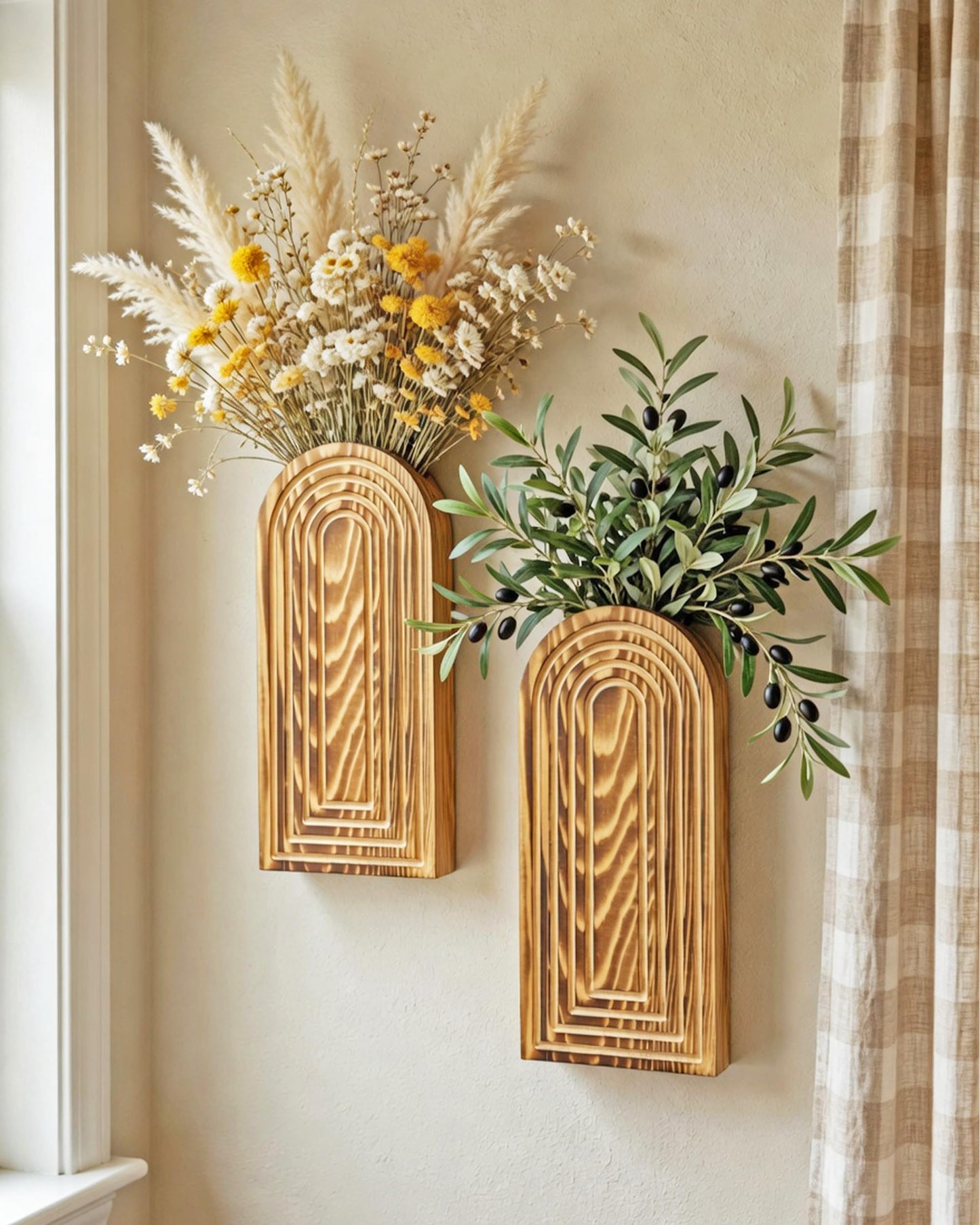 2 Pack Wooden Wall Vase Set - Boho & Modern Farmhouse Wall Decor, Hanging Planter for Indoor Plants & Flowers, Wood Mounted Art for Living Room, Bathroom, Hallway, Home Decor (Burnt Wood, Medium)