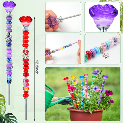 Lineshading 6 Sets Beaded Garden Stakes Kit, Rose Garden Stakes Accessories with Beads, Crystal Rose Stopper Top, (Classic Color)