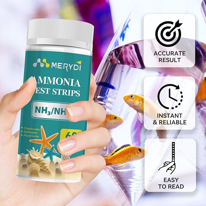 Ammonia Test Strips,60 Strips Aquarium Test Kit for Fish Tanks & Ponds, Quick & Accurate Freshwater Saltwater Testing Strips