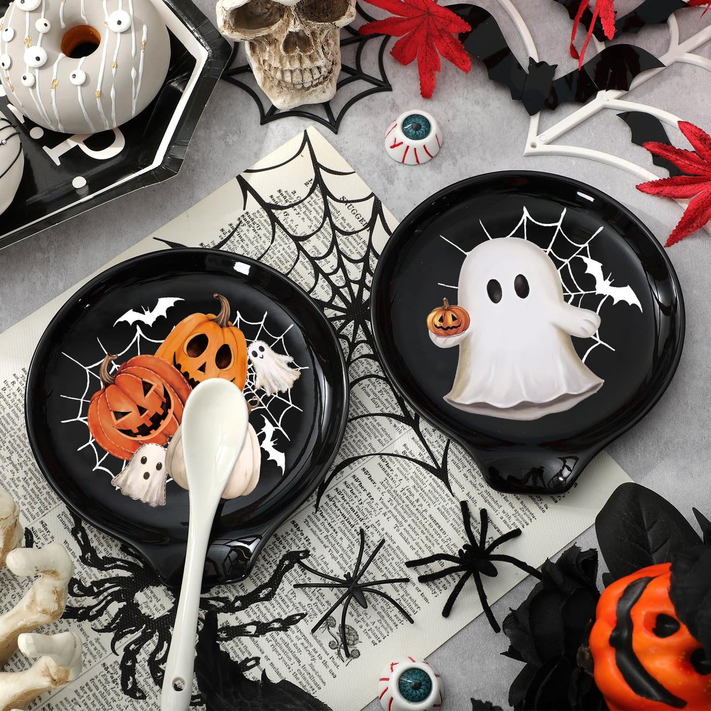 JarThenaAMCS 2Pcs 4.7inch Halloween Spoon Rest Black White Orange Ghost Pumpkin Small Coffee Spoon Holder for Halloween Bar Coffee Station Accessories