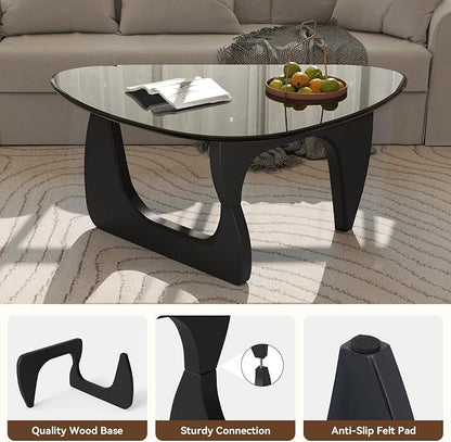 Modern Glass Coffee Table, Triangle Center Table with Tempered Glass Top& Unique Wooden Base, 42.5” Mid Century Tea Tables for Living Room, Apartment, Office,Black & Grey