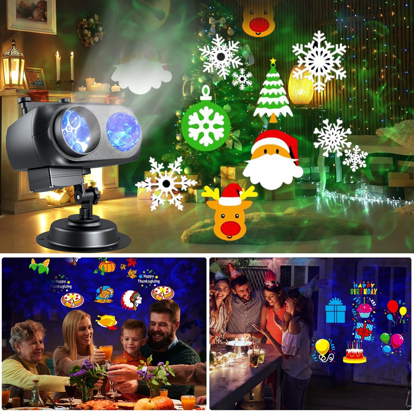 Birthday Projector Lights Outdoor - 2-in-1 HD Holiday Christmas Light Projector with Remote Control & Timer, IP65 Waterproof, Ocean Wave Effects for Yard, Garden, House Decorations
