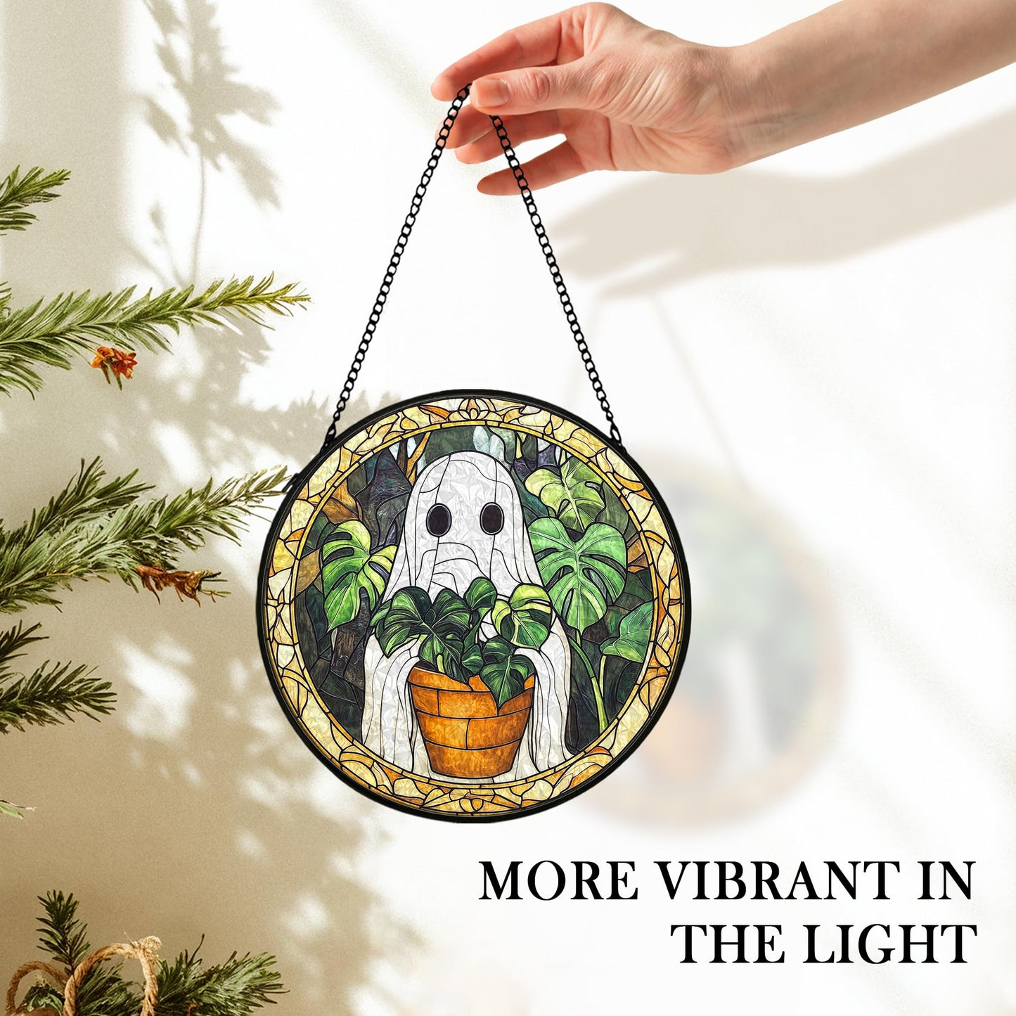 cvjutf Halloween Ghost Suncatcher Stained Glass Window Hanging Decor, Cute Ghost Stained Glass Wall Decor, Plant Lovers Gifts, Botanical Garden Sun Catchers Indoor Window Hanging Wall Art, 7.9x7.9In