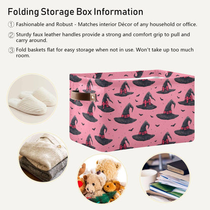 Wamika Halloween Witch Hat Storage Basket with Waterproof Liner and PU Handles Pink Bow Bowknot Bat Storage Bins Boxes 14.2" Collapsible Decorative Organizer Baskets for Bedroom Closet Office 1 Pack