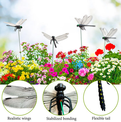 Lidengle 10 Pcs Dragonfly Decorative Stakes, Lifelike 3D Big Dragonflies PVC Dragon Fly Garden Stake for Indoor Outdoor Yard Balcony Plant Flower Pot Decor (Black)