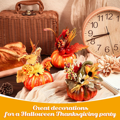 Leinuosen 12 Pcs Fake Pumpkin Centerpiece for Table 6 Inch Pumpkins with Maple Sunflower Berry Decorative Pumpkins Artificial Foam Pumpkin for Fall Harvest Halloween Thanksgiving Table Decoration