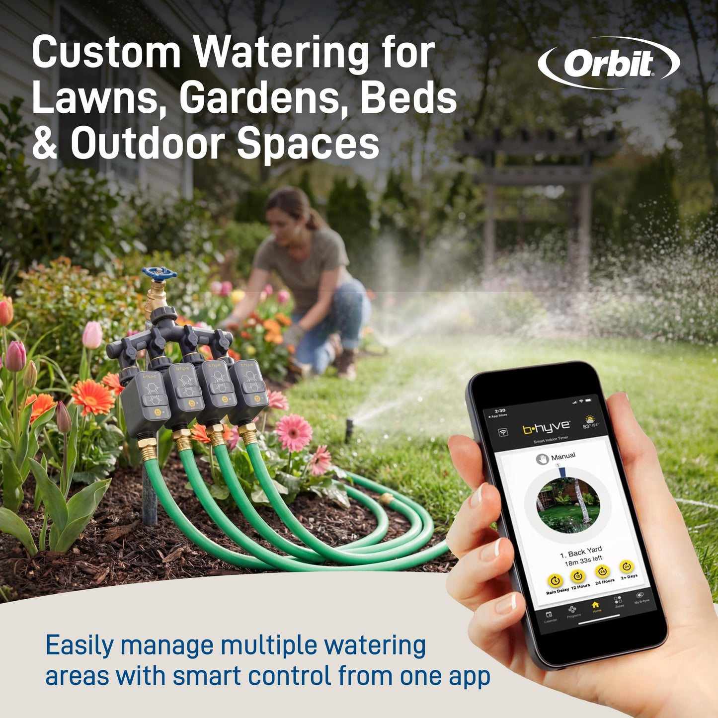 Orbit 21207 B-hyve Gen 2 Smart Hose Watering Timer, 4-Pack with Wi-Fi Hub and Hose Y Splitter