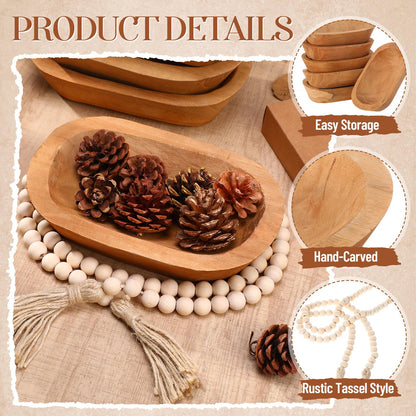 LemonRoad 12 Pcs Wooden Dough Bowl Making Wood Table Centerpiece Decorations Beads String with Tassel Decorative Bowl Natural Rustic Filler Tray Farmhouse Dining Kitchen(Caramel,Short)