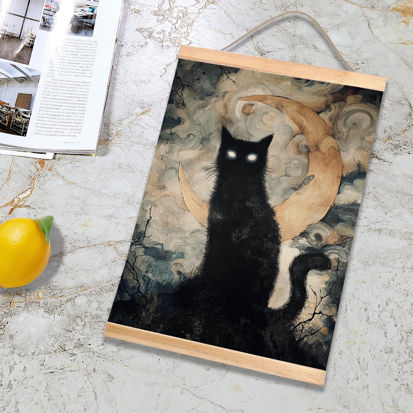 HEYJEEPER Halloween Black Cat Wall Art Hanging Poster 14x18In, Gothic Cat with Glowing Eyes and Crescent Moon Canvas Print, Spooky Witchy Wall Décor, Dark Academia Gothic Artwork for Haunted House Bedroom