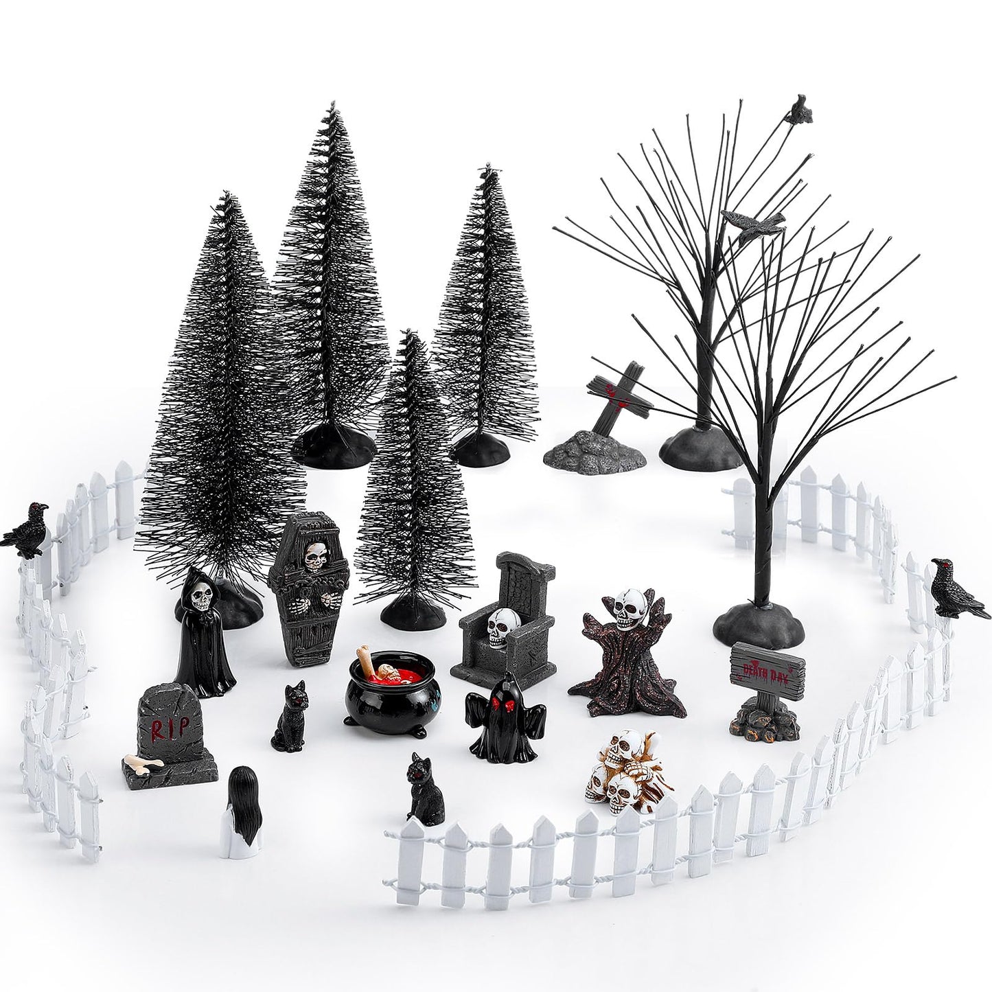 Liliful 32 Pcs Halloween Village Miniature Town Accessories Set Halloween Figurines Spooky Bare Branches Tombstones Skeleton Skulls Resin Horror Village Collections for Party Town Decorations
