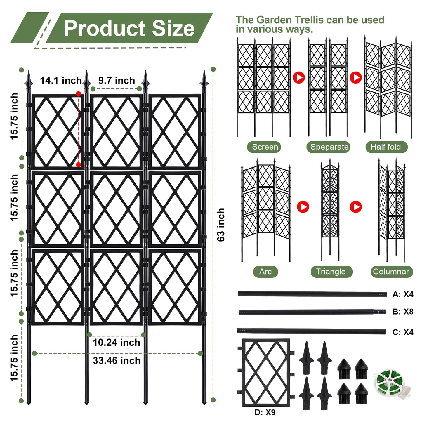 5.25FT Garden Trellis for Climbing Plants Outdoor, Black Iron Pipe Support Fence,Metal Wall Lattice Climbing Frame for Potted Plants Indoor for Ivy Vines Vegetable Flower, Patio, Lawn, Yard, Backyard