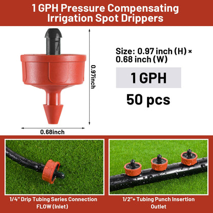 50 PCS 1 GPH Pressure Compensating Drip Irrigation Spot Watering Dripper, Standard Flow Drip Irrigation Emitters Heads for Vegetables Flowers Irrigation Drippers Parts for Outdoor Garden Beds Balcony