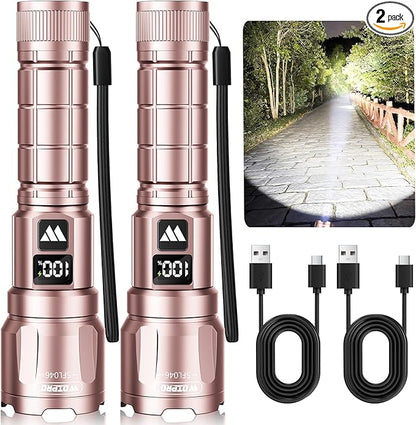 WdtPro LED Rechargeable Flashlight 2 Pack, 3 Modes Super Bright High Lumens Flashlights, Zoomable Tactical Flash Light with LCD Display, IP65 Waterproof Flashlights for Home Emergency Camping - Pink