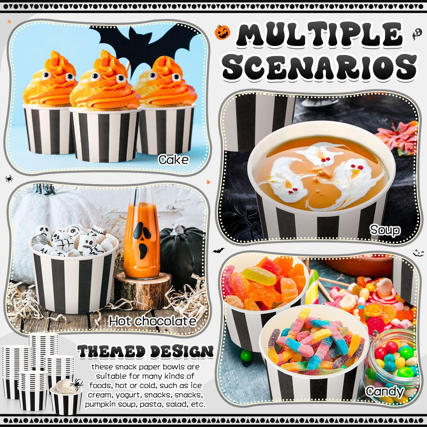 Potchen 50 Pack 9 oz Disposable Paper Bowls Fiesta Paper Soup Bowls Snack Cups Plates Wedding Birthday Party Supplies for Summer Ice Cream Taco Dessert Hot or Cold Food Holiday(Black and White Stripe)