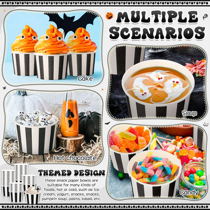 Potchen 50 Pack 9 oz Disposable Paper Bowls Fiesta Paper Soup Bowls Snack Cups Plates Wedding Birthday Party Supplies for Summer Ice Cream Taco Dessert Hot or Cold Food Holiday(Black and White Stripe)