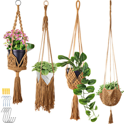 Wovnet 4 Packs Macrame Plant Hangers with Tassels Boho Crochet Hanging Plant Basketball for Indoor Outdoor Plant Hanger with 4 S Shaped Hooks for Home Decor Window Flower Pot(Brown)