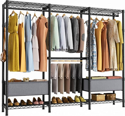 Golpart Clothes Rack Coat Rack Closet Organizers and Storage Laundry Room Organization Heavy Duty Portable Clothing Racks for Hanging Clothes Adjustable Freestanding with Shelves and Wheels Black