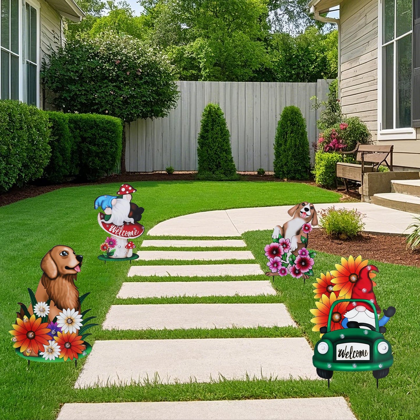WONDER GARDEN Decorative Garden Stakes - Lighted Dog and Flower Yard Sign Stakes Spring Signs for Outdoor, Porch, Yard,Flower Bed Decor (Battery Operated)
