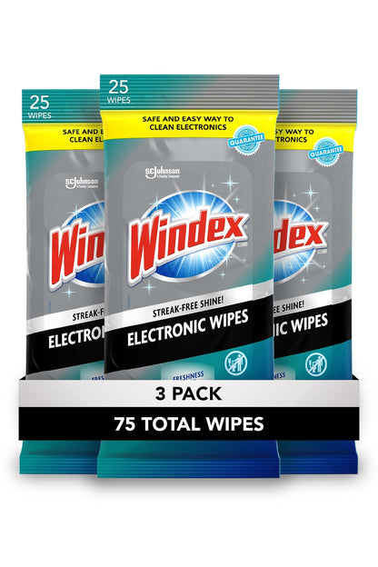 Windex Electronic Cleaning Wipes, Pre-Moistened Screen Wipes for TVs, Phones, and Other Electronics, Resealable for a Freshness Lock, 25 Count (Pack of 3)