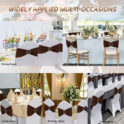 JFDYDM Brown Chair Sashes 50 Pack, Spandex Brown Chair Bows Bands with Buckle Slider for Folding Chairs Wedding Party Birthday Decor, Chair Ties