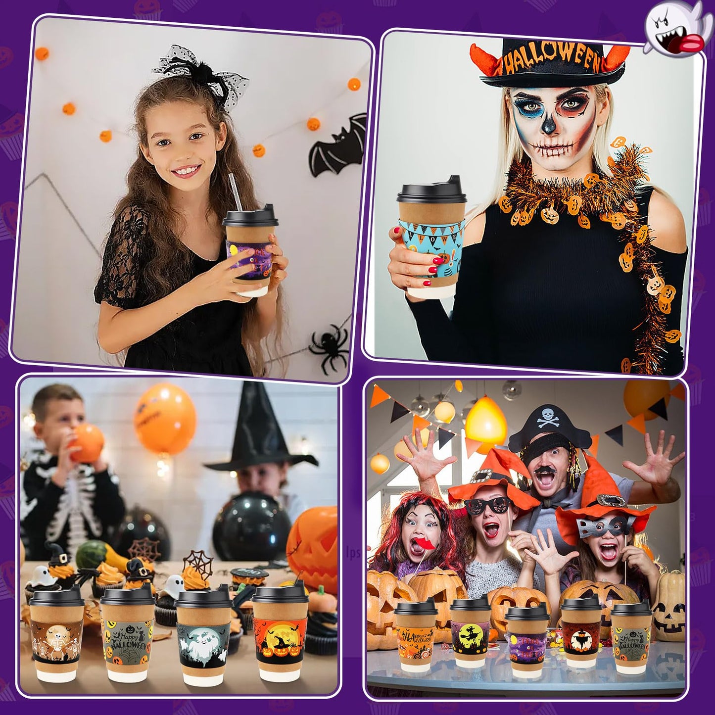 NOVWANG Halloween Cup Sleeves 54Pcs 9 Designs for 12oz 16oz Hot Cold Cups