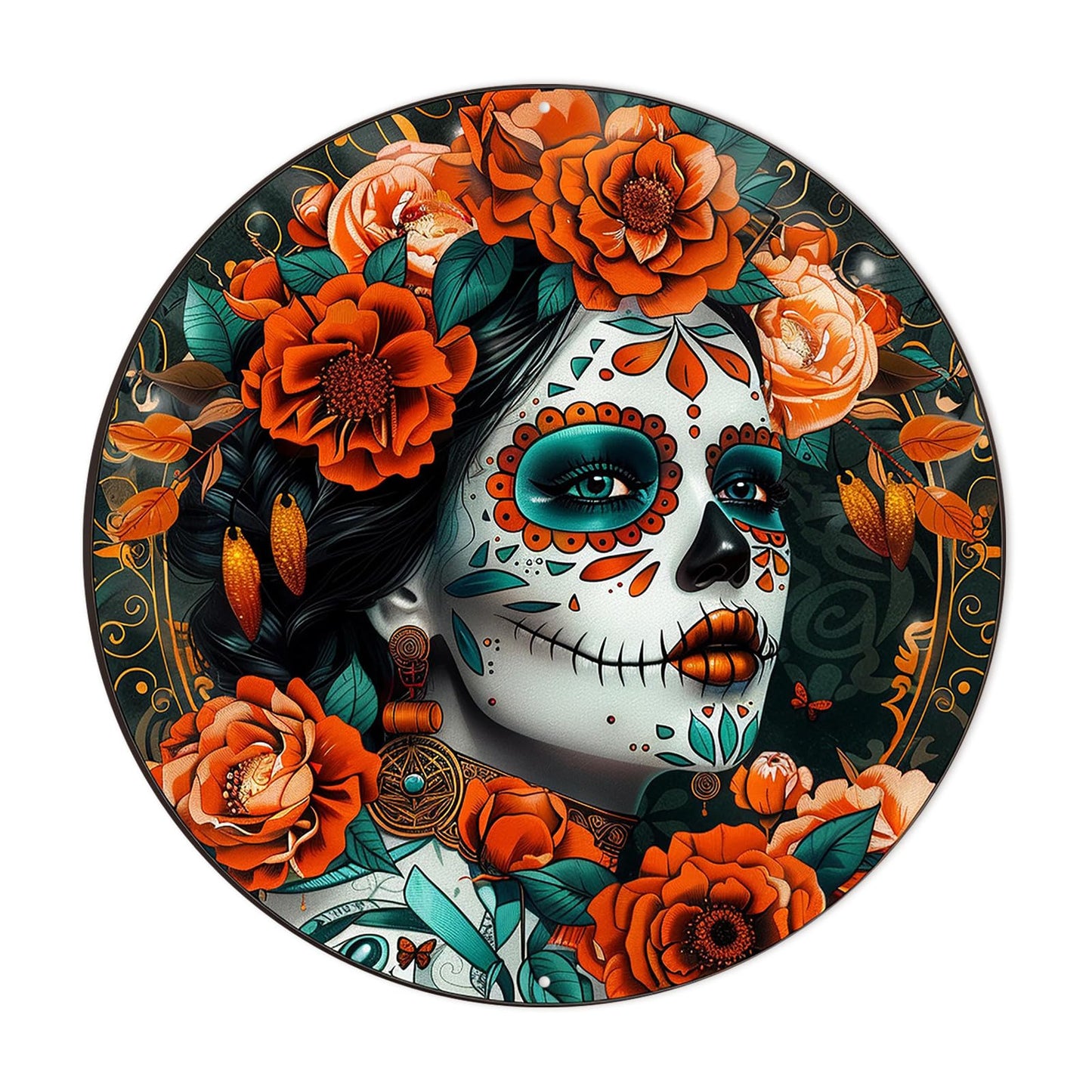 Classic Calavera Sugar Skull Round Aluminum Sign Halloween Autumn Wall Hanging Wall Art Decorative Signs & Plaques 8x8 Inch. Perfect for Bedroom, Living Room, Office, and Entryway Decor. Dreamy Artistic Style.