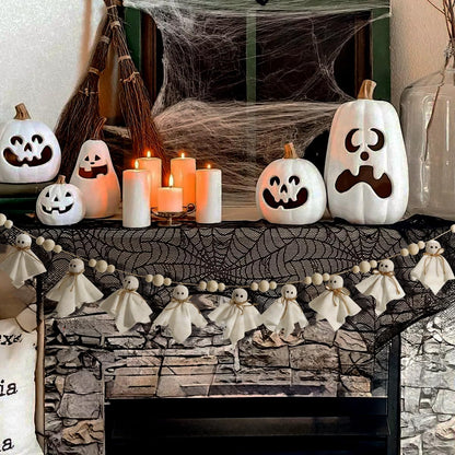 Bunny Chorus Ghost Halloween Banner: 1pc White Ghost Halloween Party Banner with Wood Beads, Cute Ghosts Halloween Garland Halloween Banner Decorations for Home Wall Mantel Doorways Front Decor