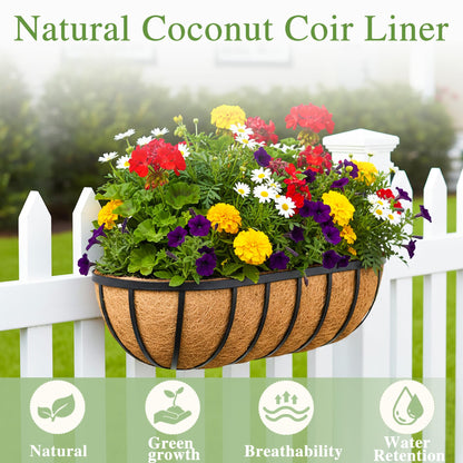 24 Inch Railing Planter Window Box Deck Balcony Rail Planter with Coco Liner Metal Wall-Mounted Coconut Liner Planter Basket English Horse Trough Planters for Outdoor Balcony Porch Fence (2 Pack)