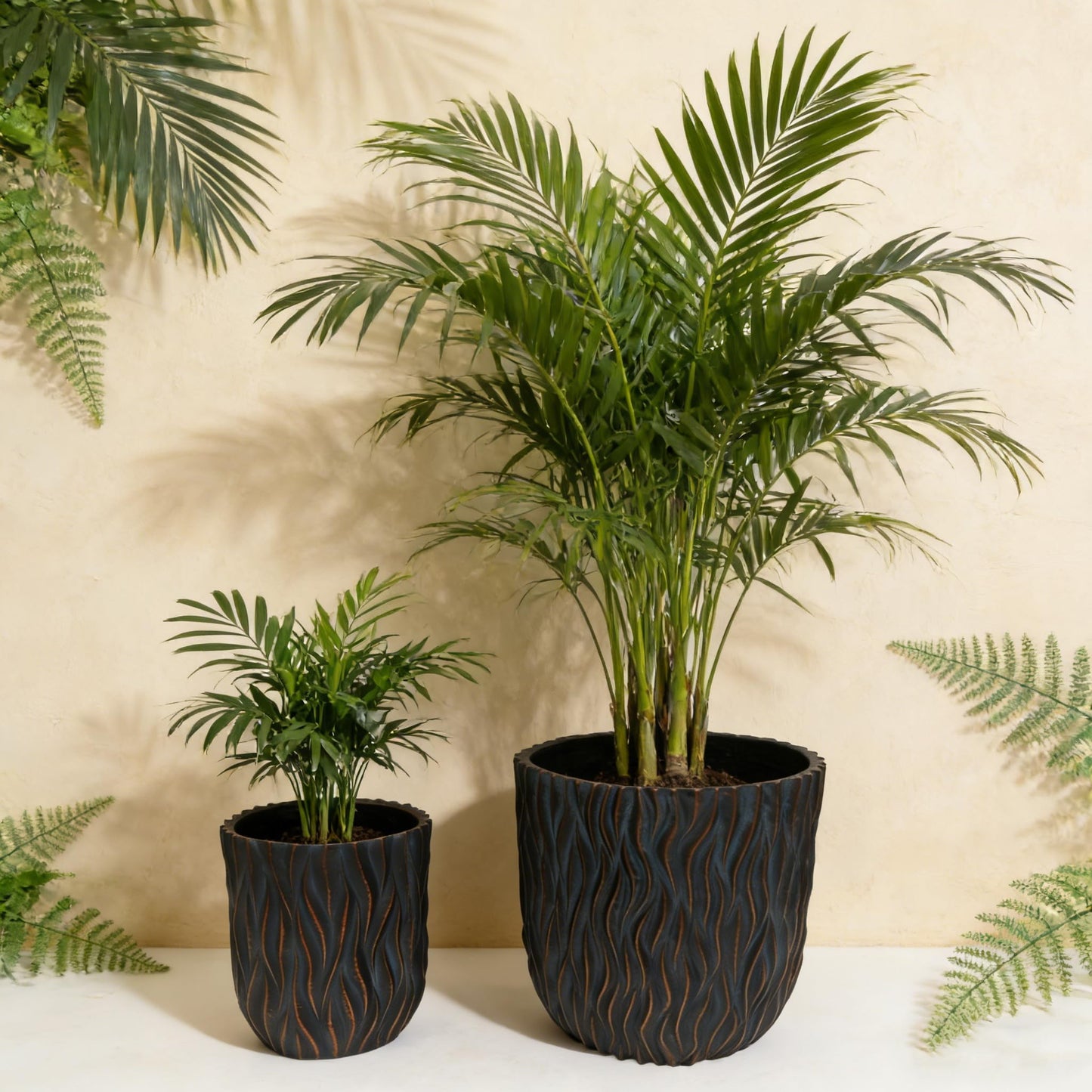 GDFStudio Large Round Planters for Indoor Outdoor Use Set of 2, Lightweight MGO Flower Pots with Drainage Hole, Hand Painted Plant Pots for Orchid Succulent Patio Balcony Garden, Copper Grey-Blue