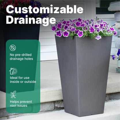 Step2 Tremont Tall Square Tapered Planter, 28", Indoor/Outdoor Plants, Efficient Drainage, Durable Resin, Dark Cedar