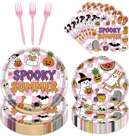 Gameza Summer Halloween Party Decorations - 96PCS Happy Summer Halloween Party Plates Napkins and Forks Disposable Tableware Set, Ghost Spooky Ween Vibes Holiday Party Supplies Decor, Serve 24