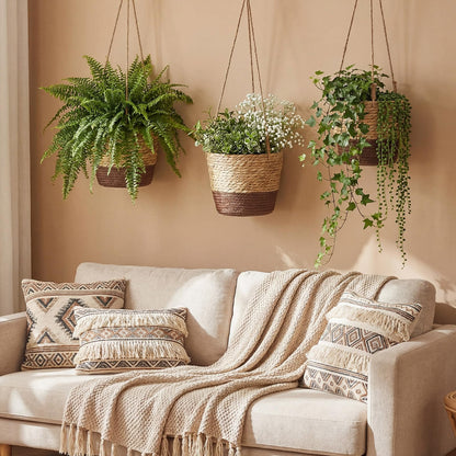 Ferrochef 6 Pcs Seagrass Hanging Planter Basket Hand Woven Plant Basket with Plastic Liners Hanging Plant Holder Storage Containers with Cotton Rope for Indoor Garden Decor (Small,Brown,Coffee Brown)