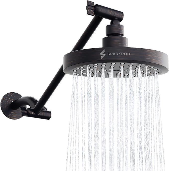 SparkPod 6" Round Rain Shower Head with 11" Shower Arm | Shower Head & Extension Arm Combo, Height Adjustable, High Pressure Performance, Easy 1-Minute Installation,Oil-Rubbed Bronze