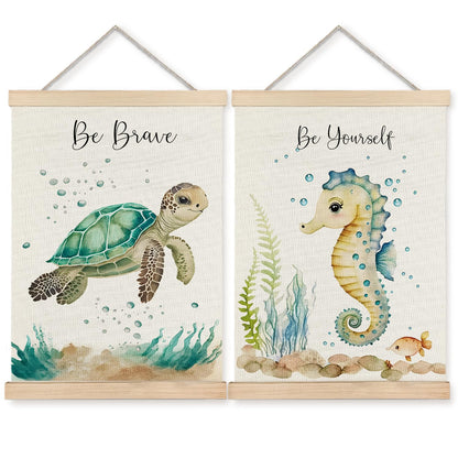 BearCake Ocean Nursery Decor, Sea Turtle Seahorse Under the Sea Wall Art Poster Hanger Frame, Inspirational Beach Nursery Canvas Prints Framed Wall Decor for Kids Room Playroom, 12x16 Inch Set of 2
