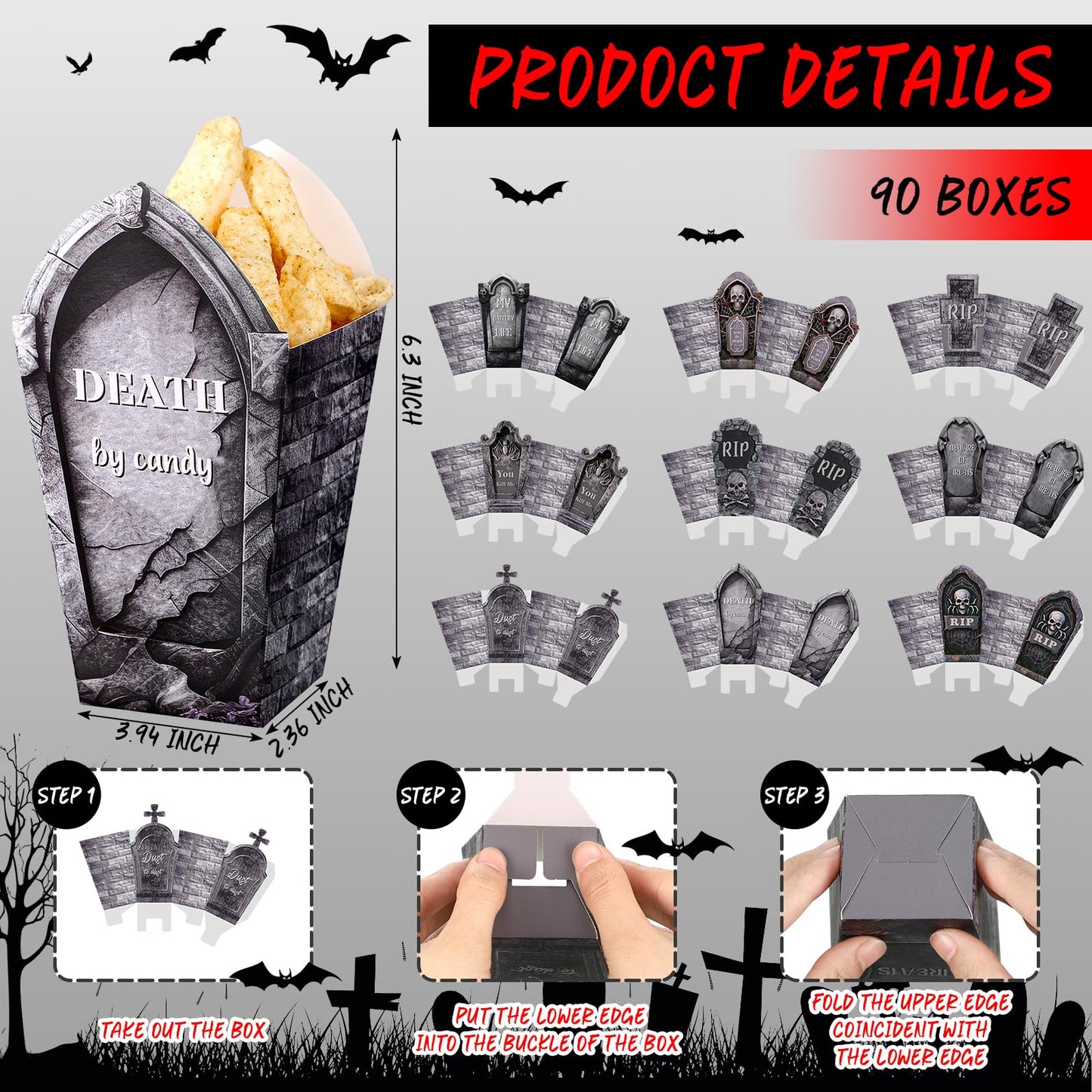 Weekgrat 90 Pcs 9 Styles Halloween Tombstone Popcorn Boxes Cardboard Popcorn Bags Snack Boxes Treat Bags for Candy Biscuits Party Favors