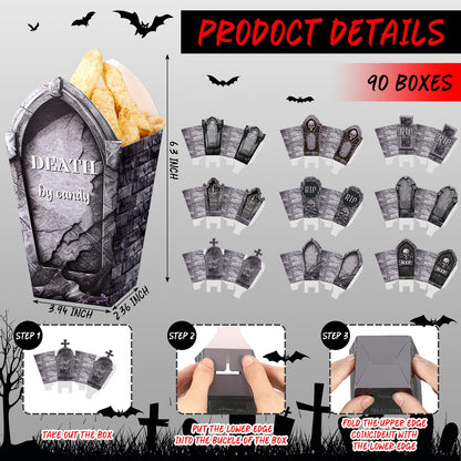 Weekgrat 90 Pcs 9 Styles Halloween Tombstone Popcorn Boxes Cardboard Popcorn Bags Snack Boxes Treat Bags for Candy Biscuits Party Favors