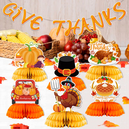 9Pcs Thanksgiving Honeycomb Centerpiece Party Decor | Thanksgiving Table Decorations |Thanksgiving Party Decorations| Thanksgiving Centerpieces for Tables |Give Thanks Banner Pumpkin Truck Sunflowers