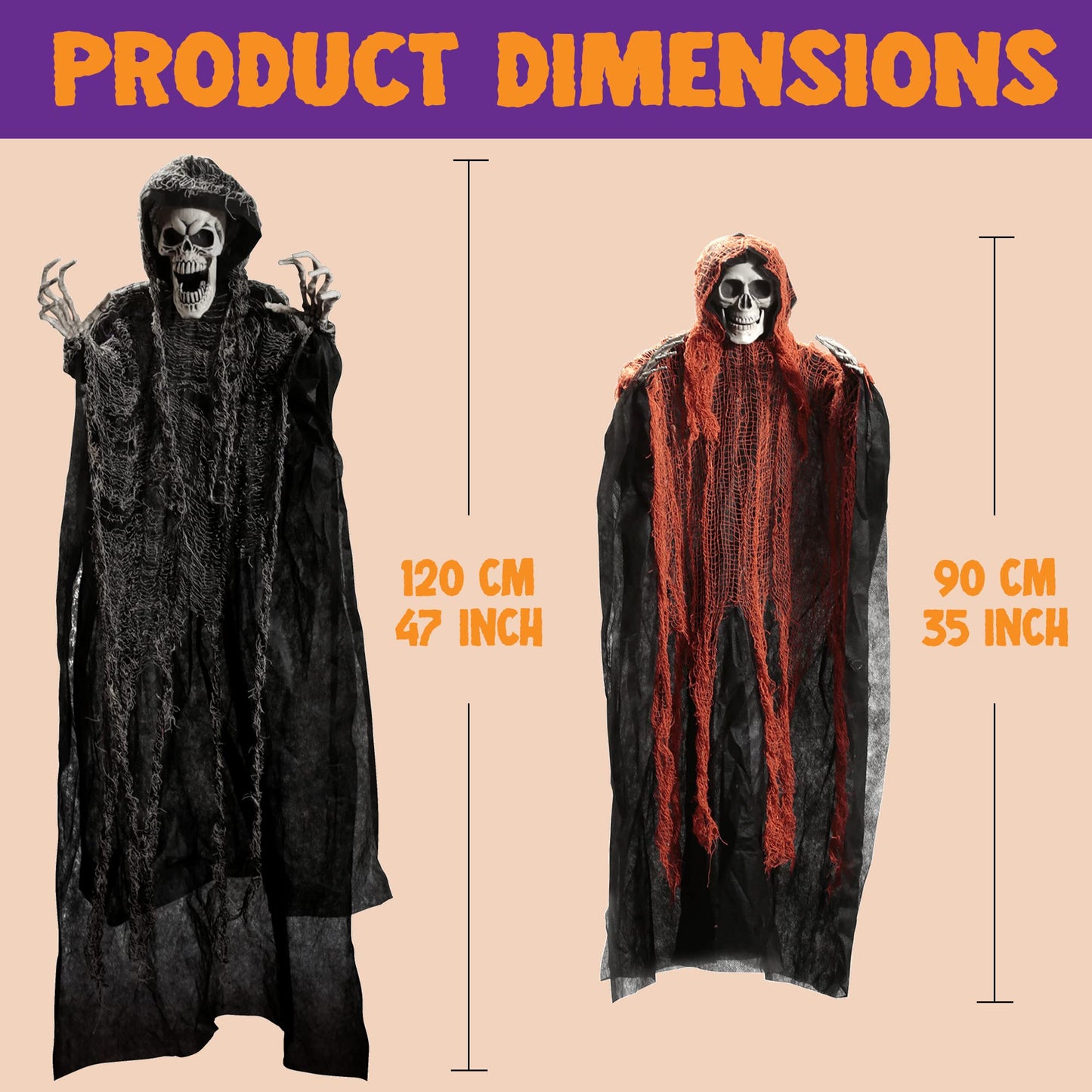 JOYIN Halloween Hanging Grim Reapers (3 Pcs), One 47” and Two 35” Grim Reapers, Halloween Skeleton Flying Ghost for Haunted House Prop Décor, Outdoor Indoor Decor