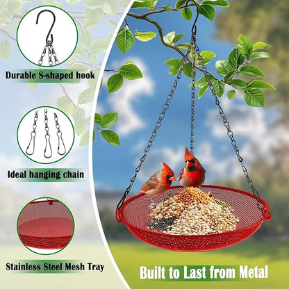 Hanging Bird Feeder for Outdoors – 12 in Platform Bird Feeder, Metal Mesh Seed Tray for Wild Birds, Red