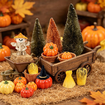 33 PCS Mini Fall Figurines Thanksgiving Resin Figurines Autumn Tiny Resin Farm Miniature Include Trees Pumpkins Scarecrow Wheelbarrow Ears of Wheat Basket Fence for Harvest Home Table Decorations
