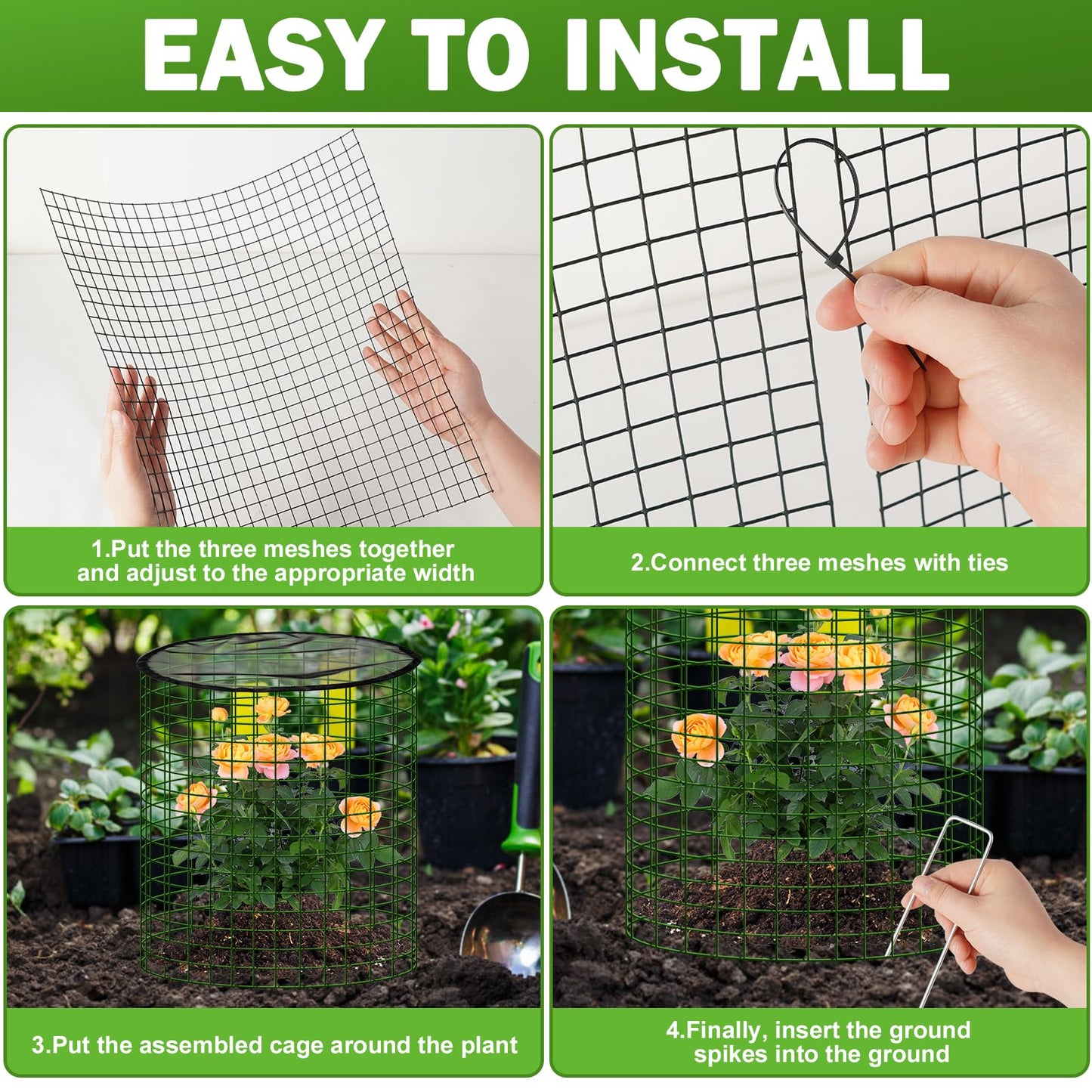 Plant Protector from Animals with Detachable Covers - 4 Pack 16”x 16" Wire Cage Cloches with Ground Stakes and Tools for Protecting Vegetable, Flower, Seedling