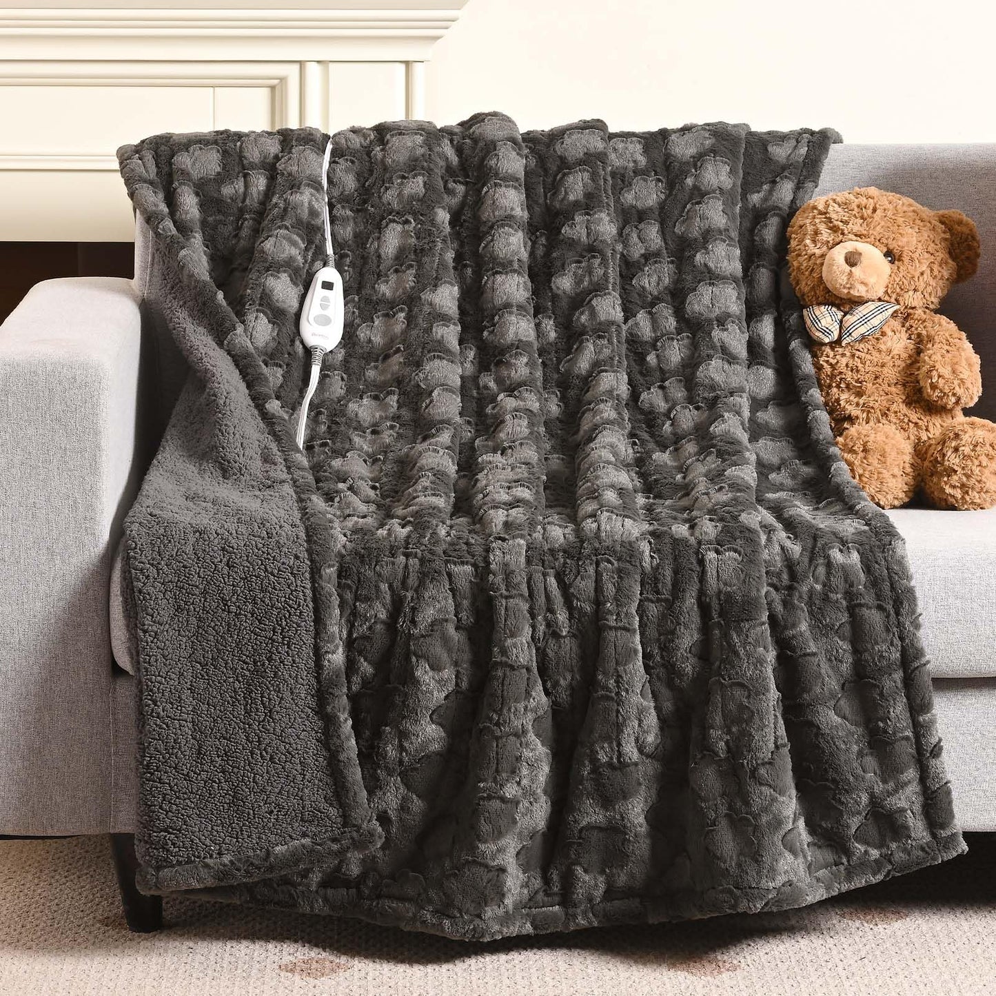 Bearhug Electric Blanket King Size 100" x 90", Dual Controller Heated Blanket, White Flower Patterns Faux Fur & Warm Sherpa, 10-Heat Levels & 1-12H Auto Off,ETL, Machine Washable