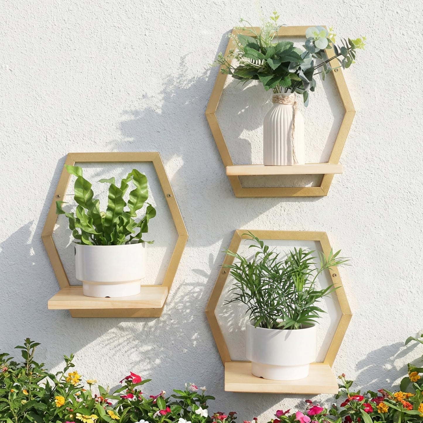 Rioneta 3 Pack Natural Wood & 25 LB Load Metal Wall Plant Holders, 9 inch Solid Wooden Shelf, Mid Century Hanging Planter for Indoor Plants Golden