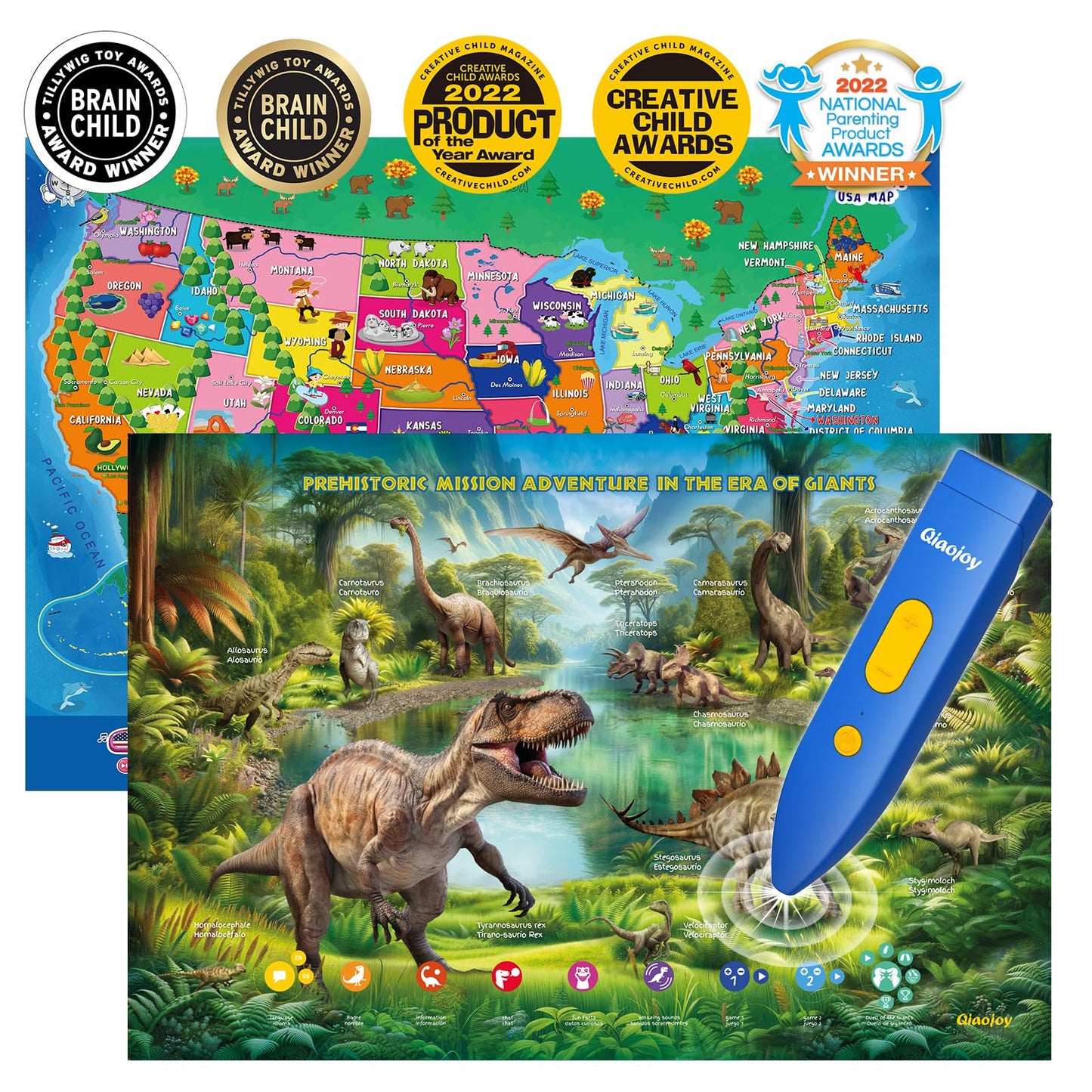 Bilingual Interactive for Kids Talking USA Map Dinosaur Poster for Kids Learning and Educational Toys,Talking Educational Dinosaur Toy for Ages 3 to 12 Years Old,Learning Chart for Preschool/Gift