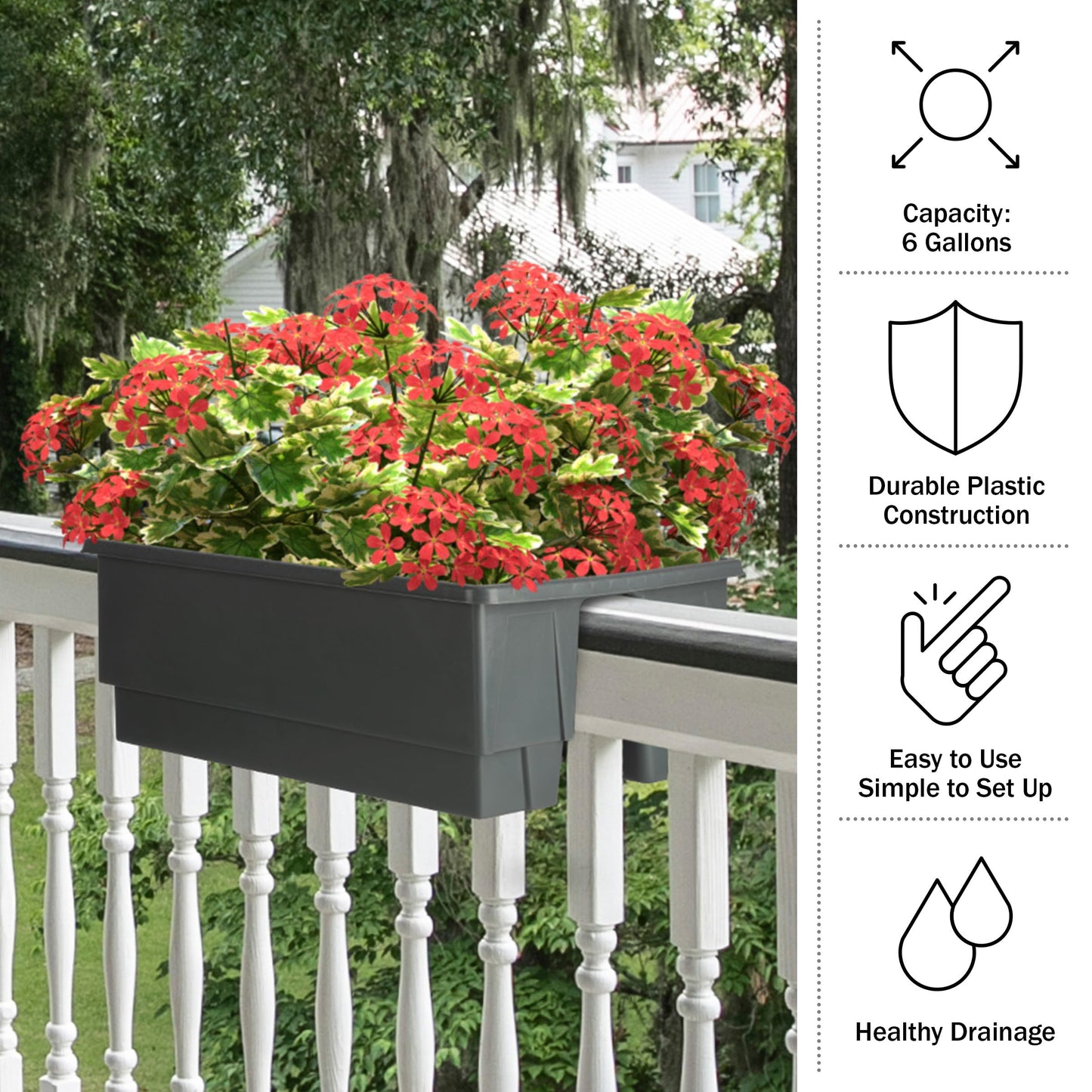 Pure Garden Railing Planter - 20.75-Inch Flower Box with Drainage Insert - 6-Gallon Outdoor Planter Box - Deck, Porch, or Balcony Planter (Gray)