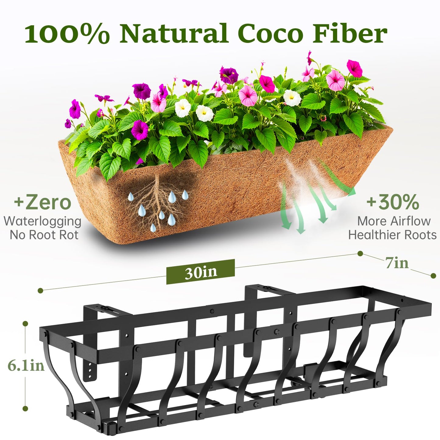 VOXOR Railing Planter Boxes, Heavy Duty Window Box Planters, Adjustable Balcony Planters for Railing Hanging, with Coco Liner & Support Rod for Deck, Porch, and Patio Gardening (3 Pack, 30 Inch)